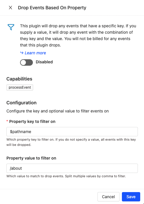 Drop events based on property app